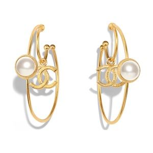 NWT Chanel XL Hoop Earrings Circle CC Drop w Pearl